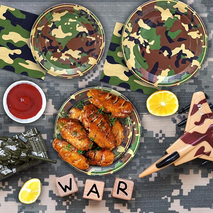 180PCS Camo Birthday Party Supplies Serve 60, Army Camouflage Theme Paper Plates and Napkins Kit for Camouflages Hunting Army Military Civil War Decorations