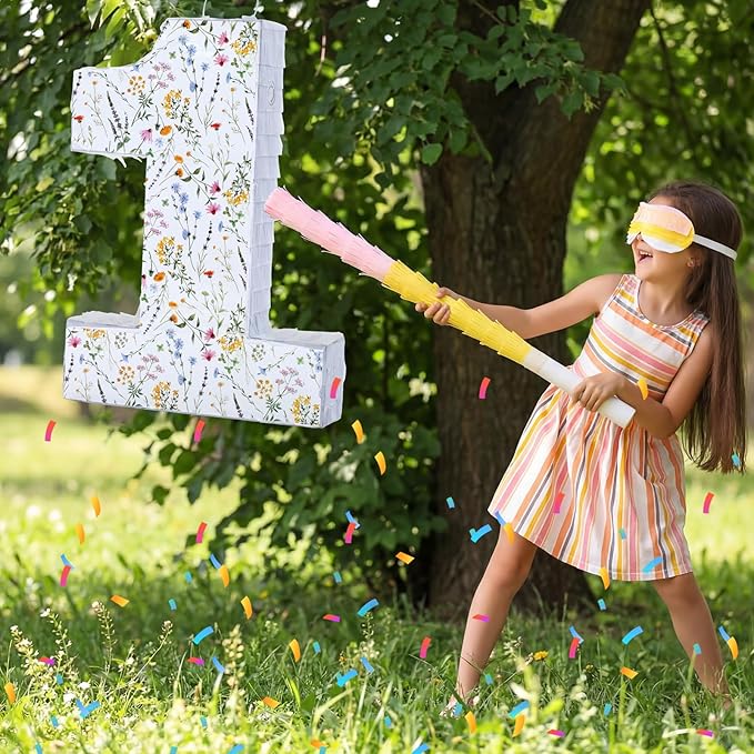 Wildflower Number Pinata Birthday Decorations Spring Floral Pinata with Stick Blindfold Confetti for Birthday Party Supplies Baby Shower Decor (Number 1)
