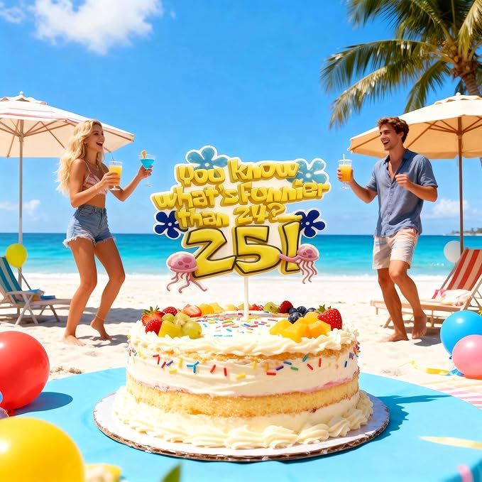 "What's Funnier Than 24? 25!" Cake Topper for 25th Birthday, Cartoon Character Themed Cake Decorations, Novelty 25th Bday Party Supplies for Men Women, Under The Sea Theme