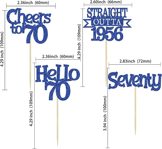 Ephlyn 24Pcs Happy 70th Birthday Cupcake Toppers Glitter Straight Outta 1956 Cupcake Picks Hello 70 Cheers to 70 Years Birthday Cake Decorations for 70th Birthday Anniversary Party Supplies Blue
