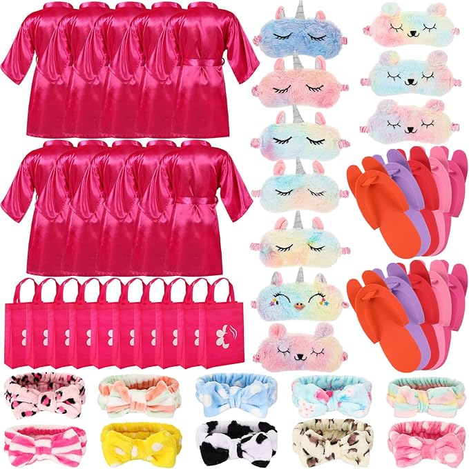 Bonuci 50 Pcs Spa Party Supplies for Girls, 10 Satin Robe 10 Kids Slippers Sleepover Birthday Spa Party Favors
