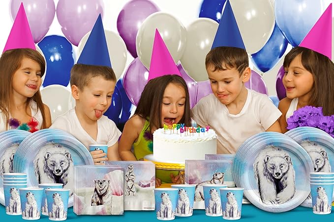 Polar Bear Birthday Party Supplies Set - Bear Party Supplies - Winter Celebrations Plates, Napkins, and Cups - Tableware Kit for 16