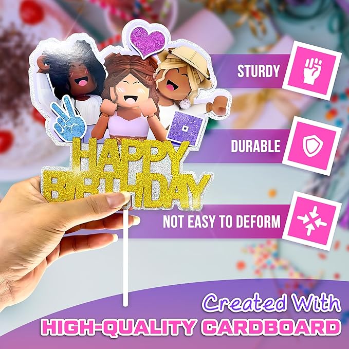 Happy Birthday Cake Toppers for Women – Vibrant & Glittery Gamer Cake Topper Decorations with Sturdy Cardboard – Easy-to-Install, Adjustable Women Birthday Party Decorations for a Festive Celebration