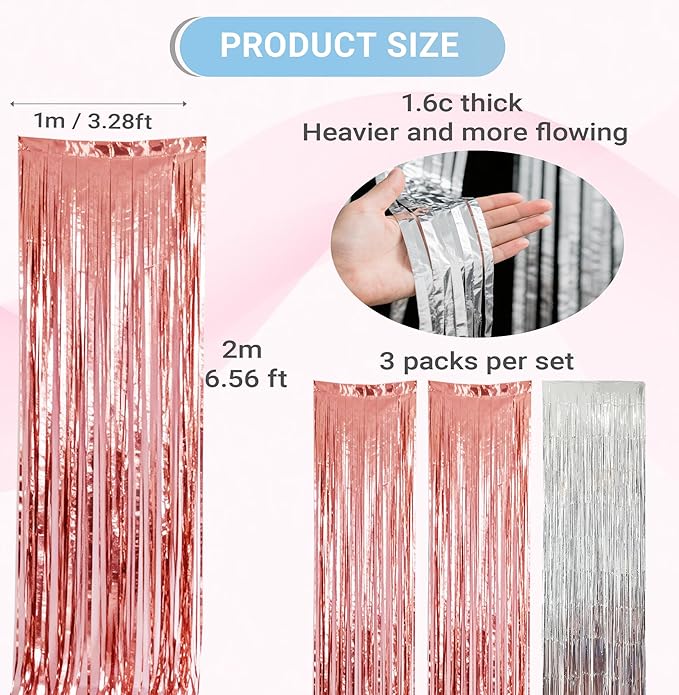 3 Pack Rose Gold and Silver Foil Fringe Curtains, Birthday Decorations Metallic Streamers, Party Photo Booth Backdrop for Holiday Wedding Engagement Bridal Shower Party Rose Gold White Tinsel
