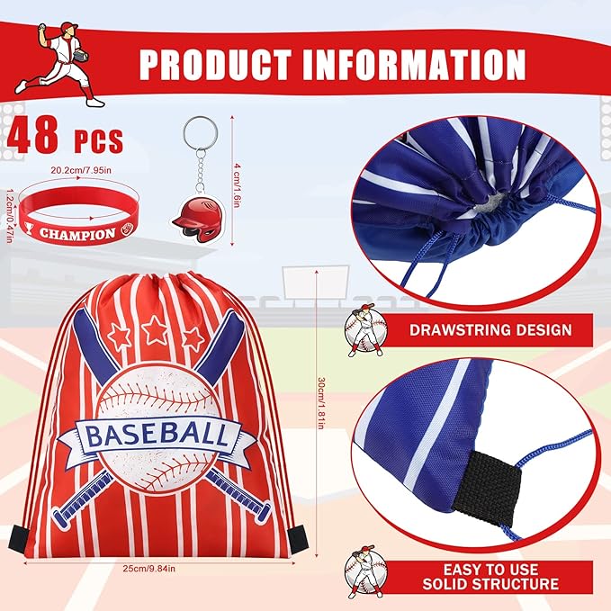 Talltalk 48 Pcs Baseball Party Favors Baseball Gift Goodie Bags Sports Team Gifts Toys with Drawstring Backpack Snacks Candy Treat Bags Wristband Keychain for Sports Birthday Party Supplies Decor