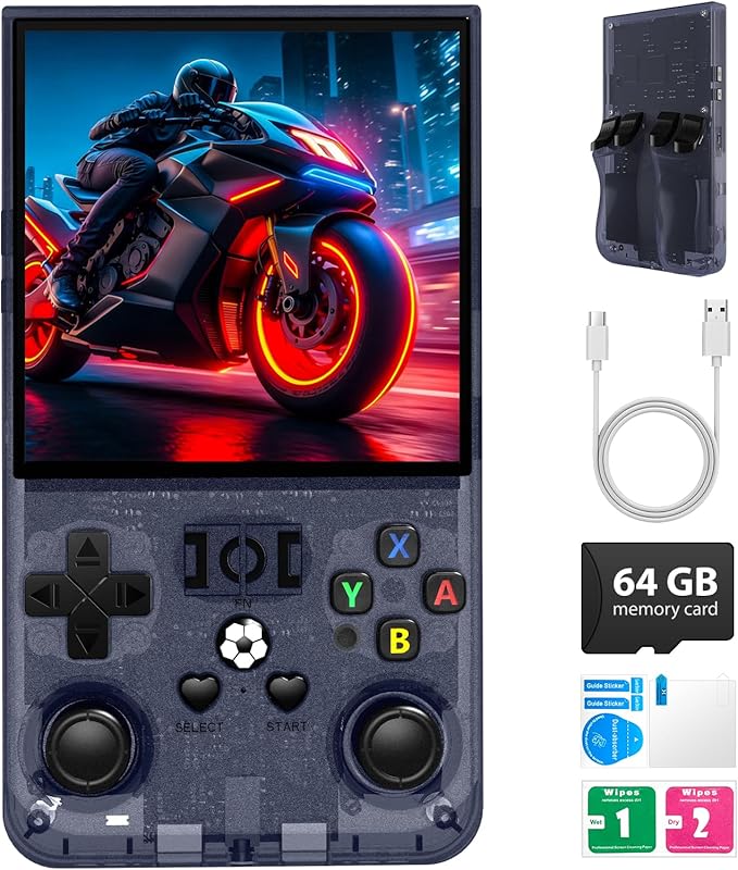 R36MAX Retro Handheld Game Console, 4.0 inch Retro Gaming Console with 64GB Memory, Portable Retro Video Games Console, 4000mAh Battery, Support 30+ Emulators, Transparent Gray