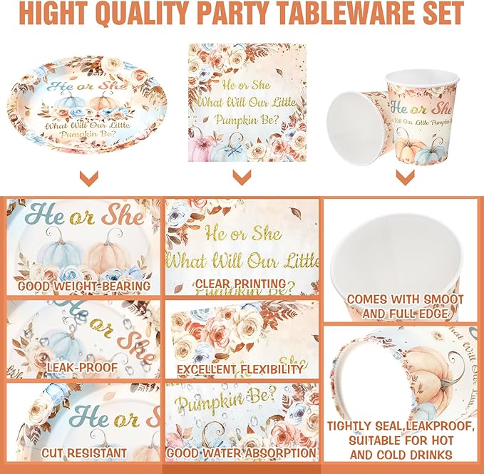Hushee 200 Pcs Fall Pumpkin Gender Reveal Baby Shower Paper Plates Napkins Cups Baby Shower Party Supplies Tableware Set Disposable Cup Napkin for 50 Guest Party Decoration