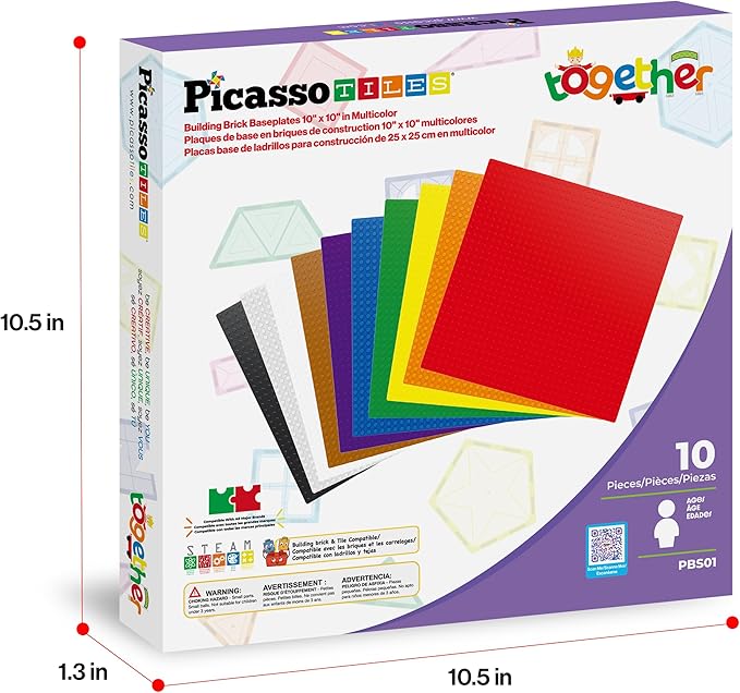PicassoTiles Brick Baseplate Classic Building Block Foundation Kit 10 Pack 10"x10" Platform Multi Color Bricks Stud Blocks Compatible with All Major Brands STEM Construction Set Kids Ages 3+ PBS01
