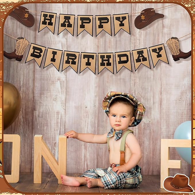 Oudain Western Birthday Cowboy Party Decoration, Happy Birthday Banner Double Layer Hat Boots Cowboy Hanging Swirls for First Party, Western Theme Decoration Supplies