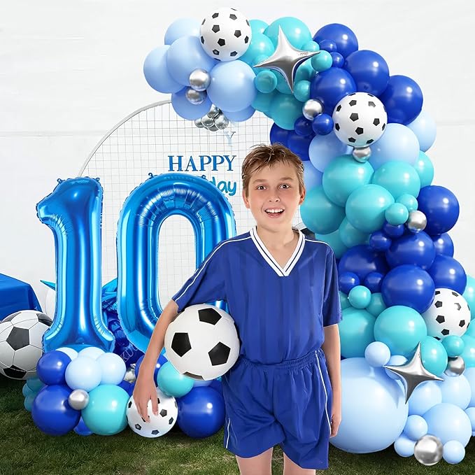 10th Birthday Soccer Party Decoration for Boys, 10th Soccer Birthday Balloons Arch with Royal Blue Teal Light Blue Balloon Garland Kit Large Number 10 Balloon for 10th Football Birthday Party Supply