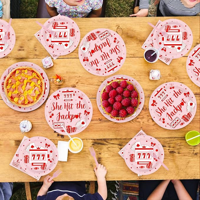 96Pcs Casino Themed Bachelorette Party Supplies She Hit The Jackpot Plates and Napkins Vegas Bachelorette Tableware Set for Girls Wedding Lucky in Love Engagement Party Decorations Serves 24
