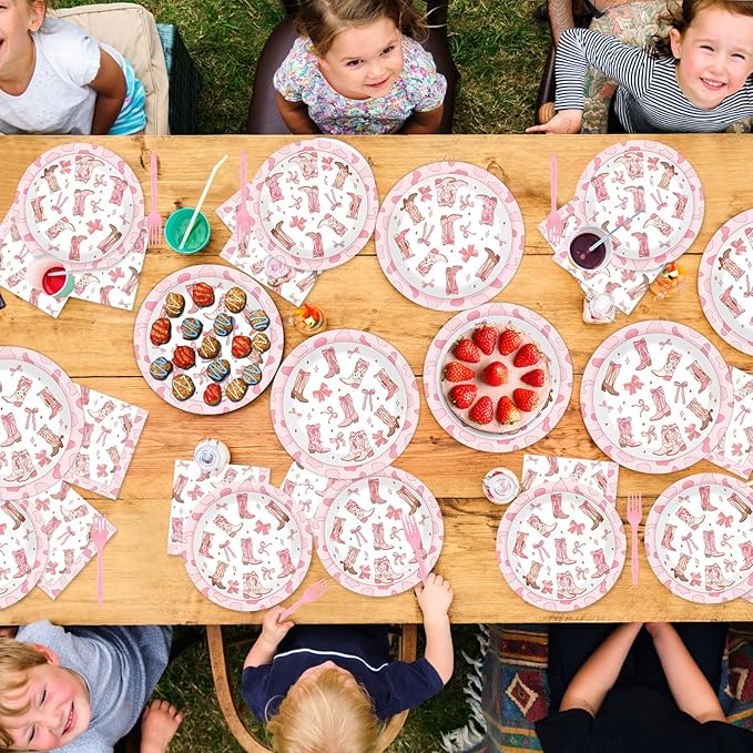 96Pcs Coquette Bow Cowgirl Happy Birthday Party Supplies Western Cowgirl Plates and Napkins Disposable Pink Bowknot Rodeo Tableware Bachelorette for Kids Set Decorations Favors Baby Shower Serve 24