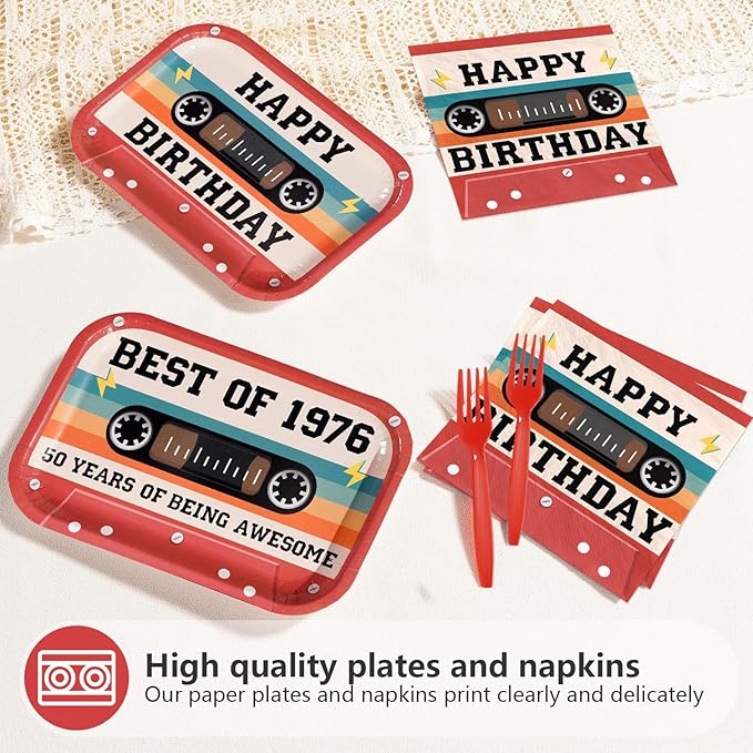 50th Birthday Decorations 96Pcs 50th Birthday Plates and Napkins Retro 70s Party Cassette Tape Disposable Tableware for 50 Year Old Women Men Retro Music Hip Hop Party Decorations