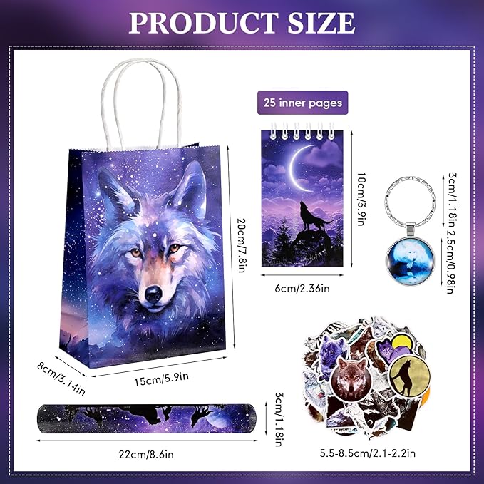 Abbylike 48 Pcs Wolf Party Favors Party Decor Birthday Supply Wolf Paper Bag Gift Mini Notebook Keychain Slap Bracelet Sticker for Baby Shower Holiday