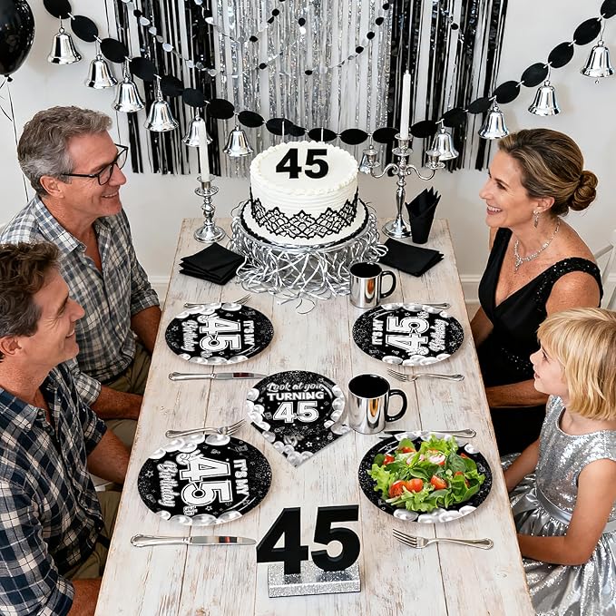 96Pcs 45th Birthday Party Decorations for Men Women Black White 45th Paper Plates and Napkins Set It's My 45th Birthday Theme Decorations for Look at You Turning 45 Years Old Party Supplies Serves 24