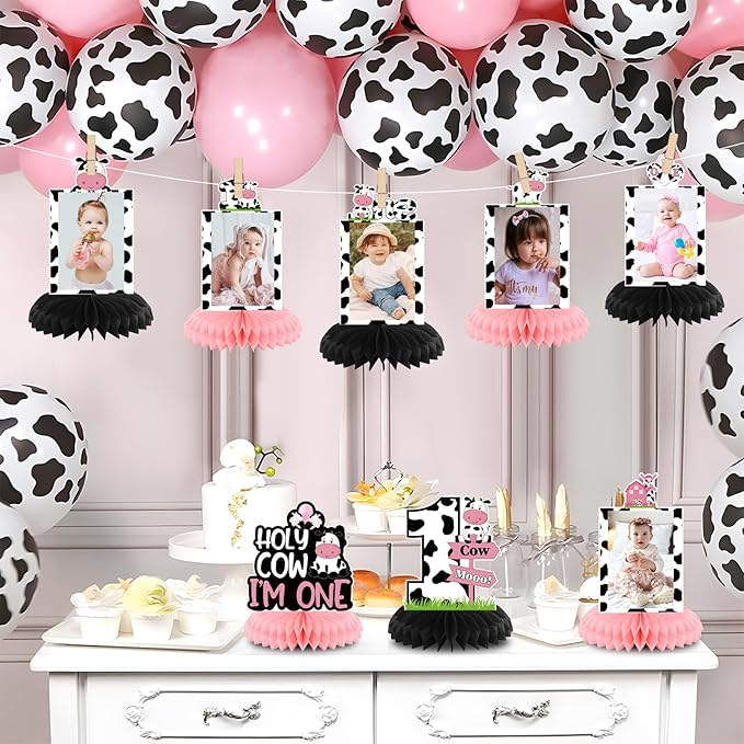 Holy Cow Im One Birthday Decorations, Cow First Birthday Decorations Honeycomb Centerpiece for Table, Baby 1st Birthday Cow Themed Photo Table Centerpiece Party Supplies