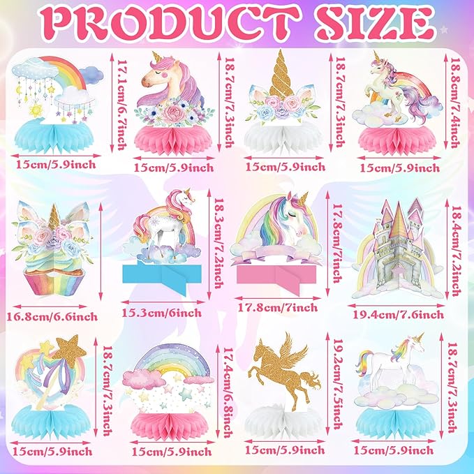 Pickmesh 12 Pcs Unicorn Birthday Party Decorations Unicorn Honeycomb Centerpieces 3D Pastel Double Sided Rainbow Cloud Cupcake Castle Table Decoration Table Topper for Princess Birthday Party Supplies