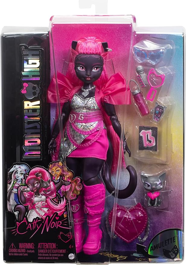 Monster High Catty Noir Doll with Pet Cat Amulette and Accessories Like Backpack, Music Book, Microphone and More