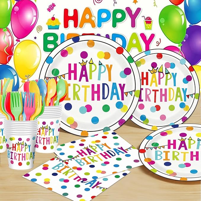 Birthday Plates & Napkins Party supplies - 175Pcs Happy Birthday Paper Plates and Napkins Sets, Disposable Happy Birthday Dots Tableware Set for Boys Girls Party Decorations, Serves 25