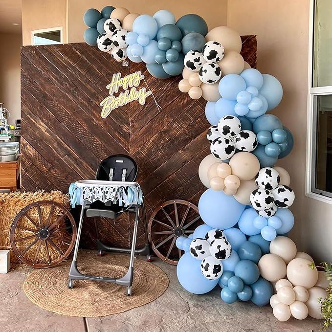 Blue Cow Print Balloons - Western Cowboy Baby Shower Decorations, Light Blue & Brown Cow Latex Balloons for Farm Animal Theme Birthday Party Supplies