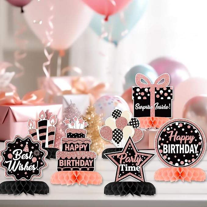12 Pcs Birthday Table Decorations Glitter Rose Gold Black Birthday Decorations Honeycomb Centerpieces for Table Decor Girls Boys Women Men Party Supplies