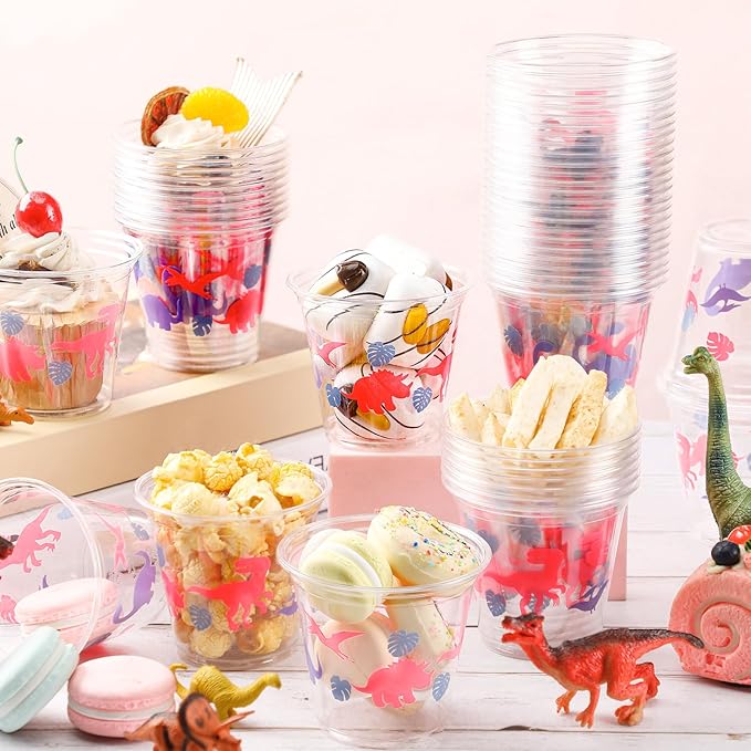 50 Pcs 9oz Dinosaur Cup Dinosaur Ice Cream Cups Plastic Disposable Clear Snack Bowls Dessert Bowls for Hot or Cold Soup Sundae Yogurt Supplies(Pink)