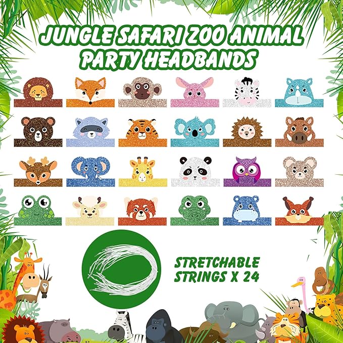 24 Pcs Animal Birthday Party Hats Animal Headbands Jungle Safari Animal Paper Party Crown for Girls Kids (Assorted Animals)