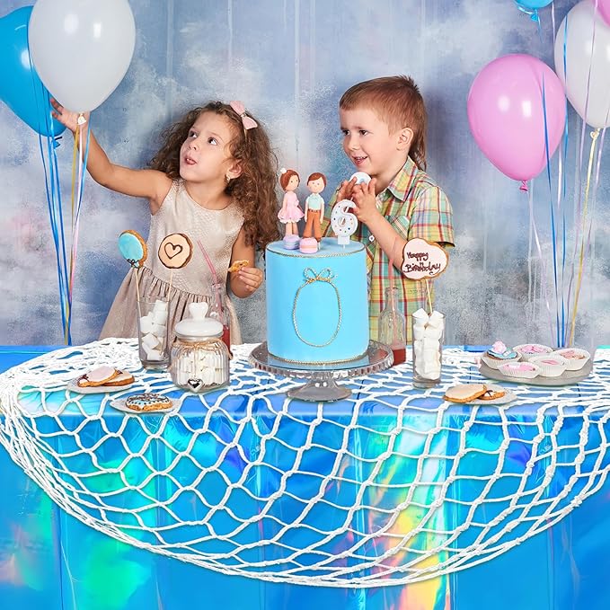Unittype 6 Pcs Fish Net Decorative and Tablecloth Set, Cotton Fishnet and Plastic Table Cover Decorations Set for Nautical Themed Party Baby Shower Pirate Decorations Mermaid Party (Iridescent Wave)