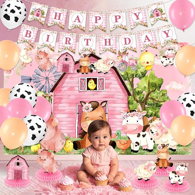 Pink Farm Animal Theme Birthday Party Supplies Decorations Tableware Set for Girl Baby Shower Farm Animal Happy Birthday Banner Backdrop Balloon Tablecloth Plate Napkins Forks Honeycomb Centerpiece