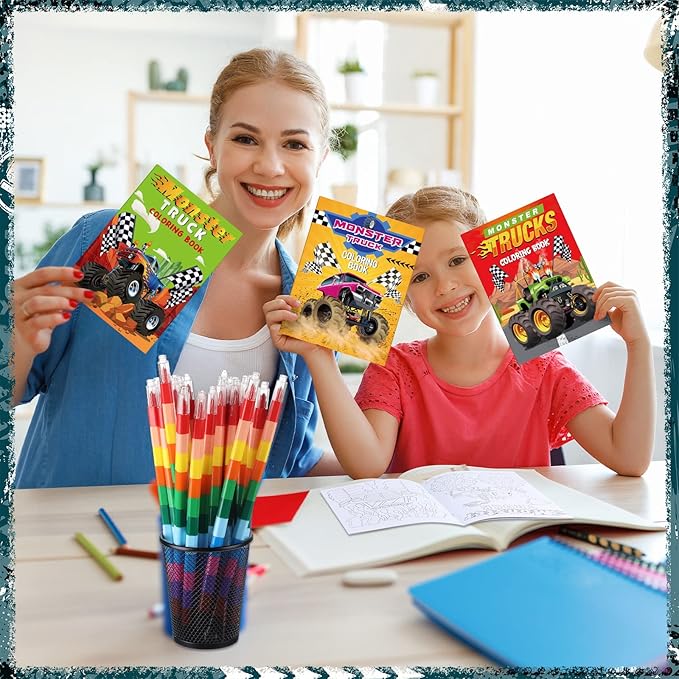 Funrous 24 Set Monster Truck Coloring Books Bulk with 24 Stacking Crayons Monster Truck Party Favors Activity Books Classroom Gifts for Themed Birthday Gift Reward Prize Party Supplies