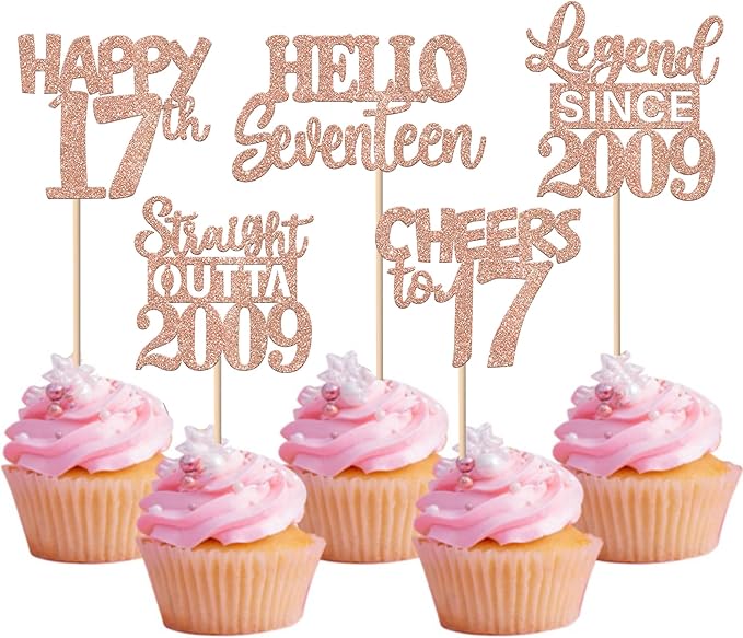 30PCS Rose Gold 17th Birthday Cupcake Toppers Glitter Seventeen Happy 17th Straight Outta 2009 Cupcake Picks for Cheers to 17 Years Birthday Anniversary Party Cake Decorations Supplies