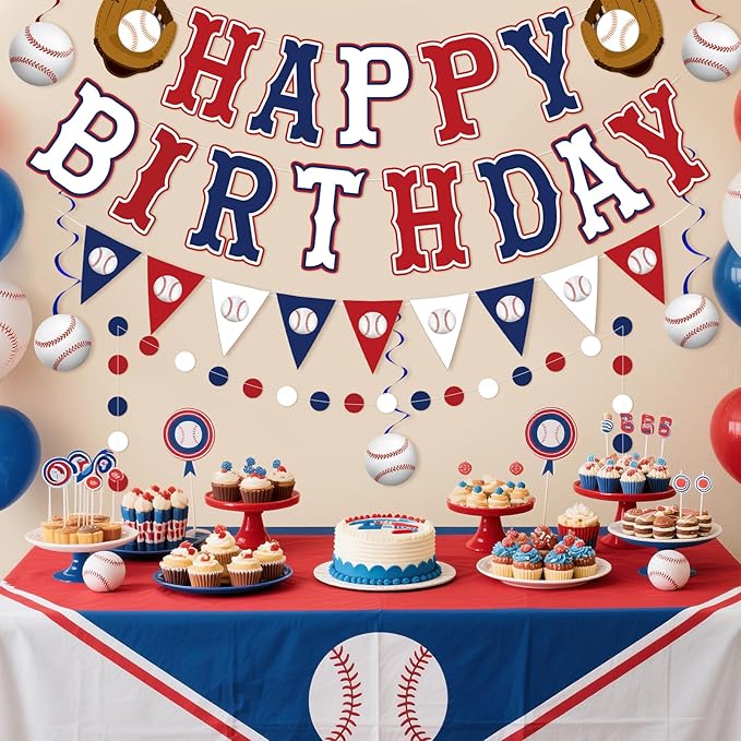 Baseball Birthday Decorations, Baseball Party Decorations Include Banner, Honeycomb Balls, Hanging Swirl Streamers, Circle Dots Garland for Baseball Sports Birthdays Party Supplies for Boys