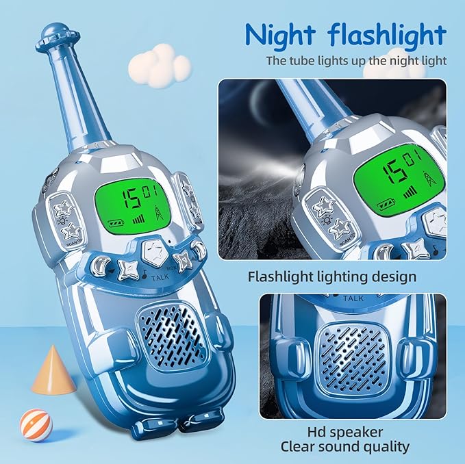 Mini Robot Kids Walkie Talkies 2 Pack,Walkie Talkies for Kids with Backlit LCD Flashlight,3-12 Year Boy Girl Gift,Birthday Christmas Toy Gift,3 KM Range for Camping, Hiking,Outdoor Play (Blue)