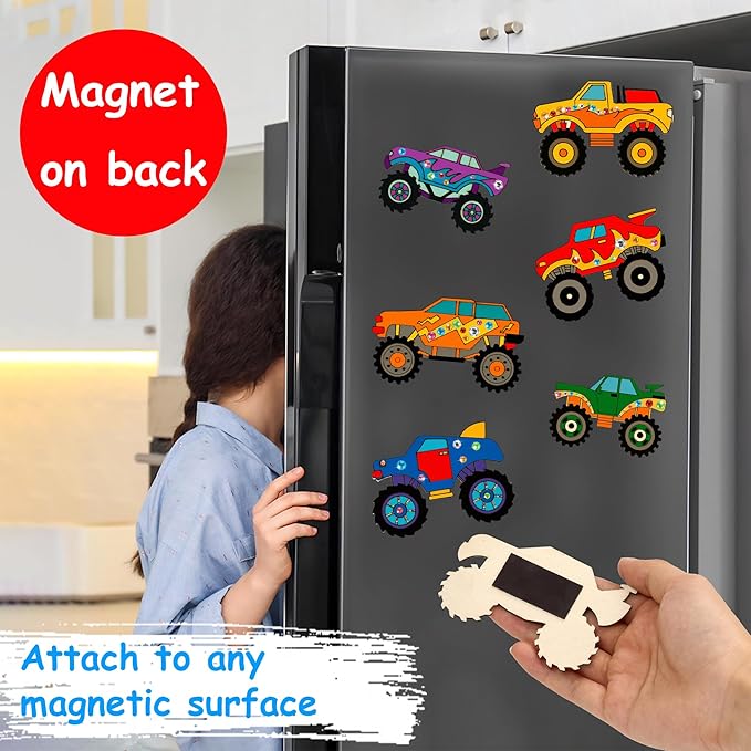 Bafeil Monster Truck Party Favors, 24 Pcs DIY Wooden Truck Painting Crafts Kit with Magnets, Car Birthday Party Supplies, Monster Trucks Party Decorations Goodie Bags Gifts Prizes Girls Boys