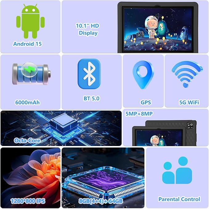 Kids Tablet 10.1 inch HD Android 14 Tablets for Kid 64 GB Storage 8GB RAM Octa-Core Processor with EVA Kid-Proof Case, Parental Controls Bluetooth and WiFi, Black