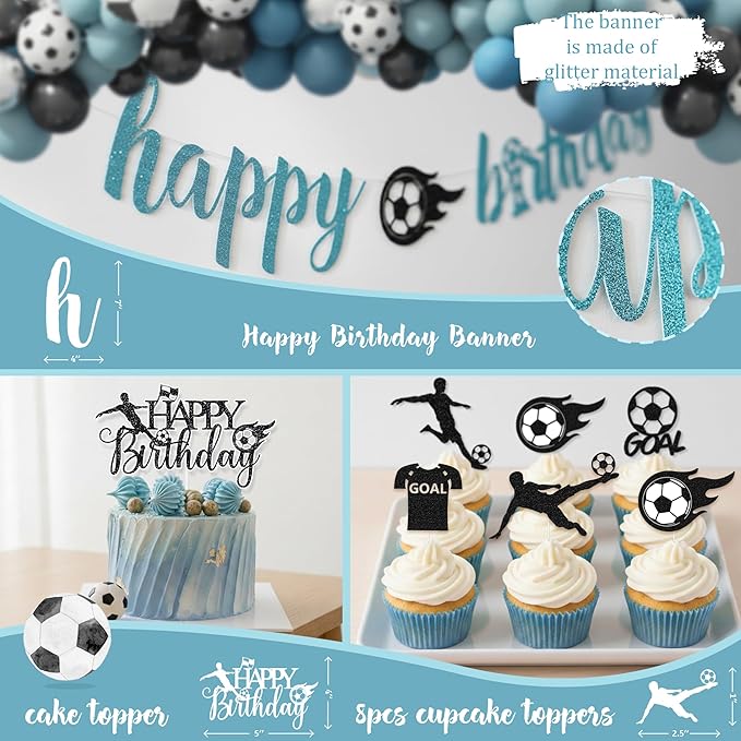 Soccer Birthday Party Decorations Kit for Boys, American Soccer Birthday Party Supplies Set, Soccer Football Party Decor with Backdrop Tablecloth Cake and Cupcake Toppers for Kids Boys Party Decor