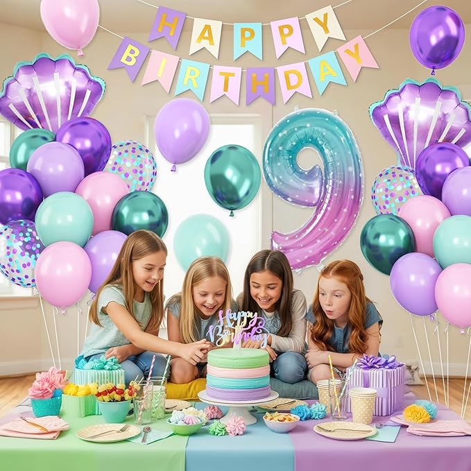 9th Mermaid Birthday Decoration,Metallic Purple Pink Green Blue Latex Balloons for Girls Party Decoration Number 9 Seashell Foil Balloons Banner Cake Topper Sea Decorations 9 Year Old Decor