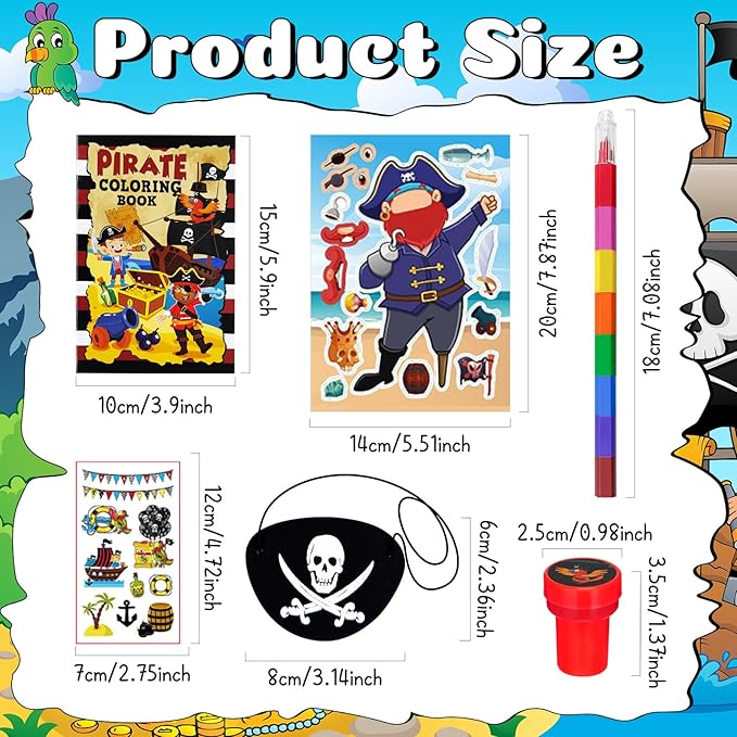 Cinrobiye 72 Pcs Pirate Party Favors Bulk, Pirates Parrot Skull Coloring Books Stickers Stampers for Birthday Goodie Bag Fillers，Carnival Prizes Pinata, Nautical Treasure Hunt Party Supplies