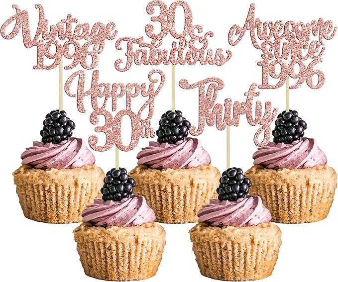 30Pcs Vintage 1995 Cupcake Toppers Glitter Thirty 30 Fabulous Happy 30th Birthday Cupcake Picks Cheers to 30 Years for 30th Birthday Anniversary Party Cake Decorations Supplies Rose Gold