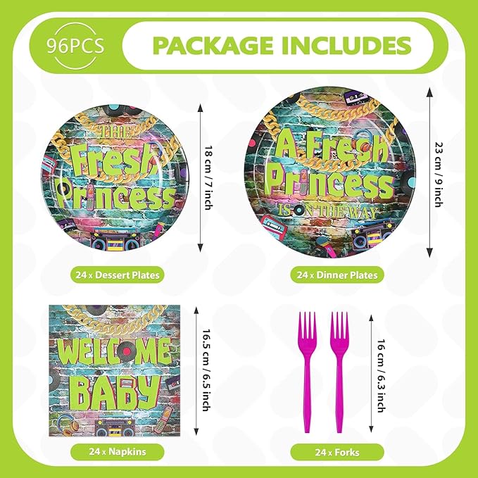 96Pcs Fresh Princess Baby Shower Party Decorations 90s Hip Hop Graffiti Plates and Napkins Disposable Vintage Themed Tableware Set for 90s Girl Baby Fresh Princess Baby Shower Party Supplies Serves 24