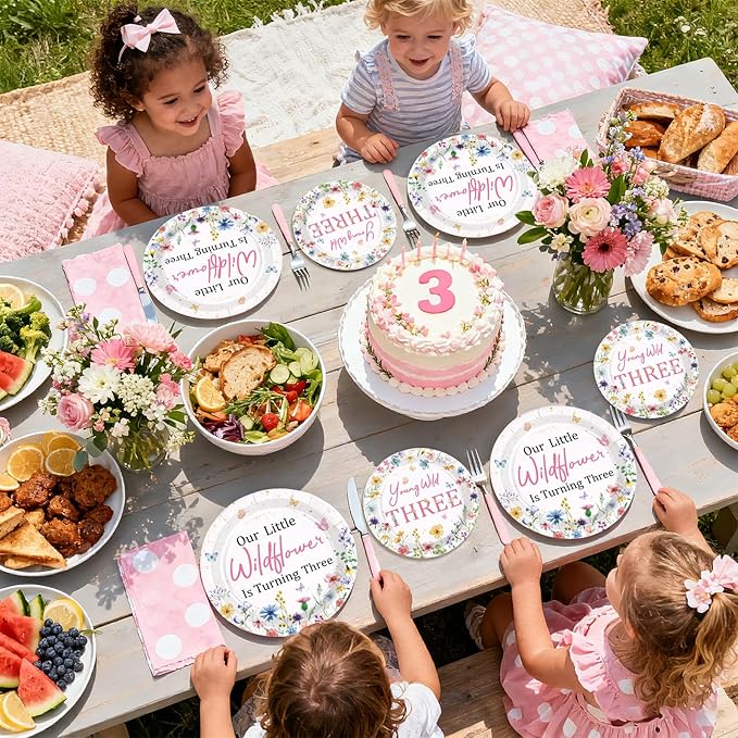 96Pcs Wildflower 3rd Birthday Decoration Our Little Wildflower Is Turning Three Plates and Napkins Spring Flower Third Birthday Decoration for Girl Floral Three Years Old Bday Party Supplies Serve 24