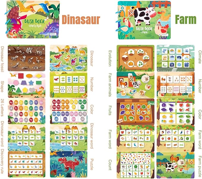 4 Pack DIY Montessori Busy Book for Toddlers, Montessori Quiet Book for Kids, Vehicle Life Skill Farm Dinosaur Preschool Learning Activities Learning & Education Toys