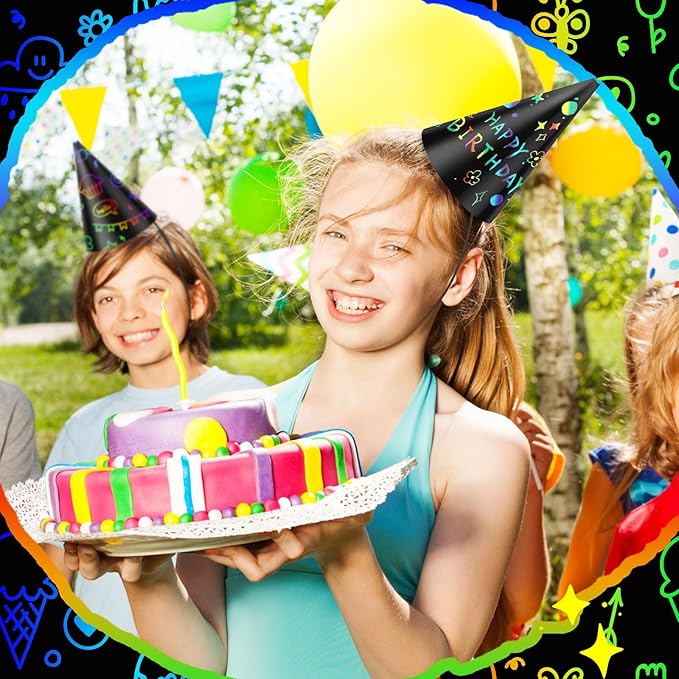 Lewtemi Scratch Party Hats DIY Birthday Art Cone Scratch Hats Colorful Party Craft Paper Hat Decorating Supplies