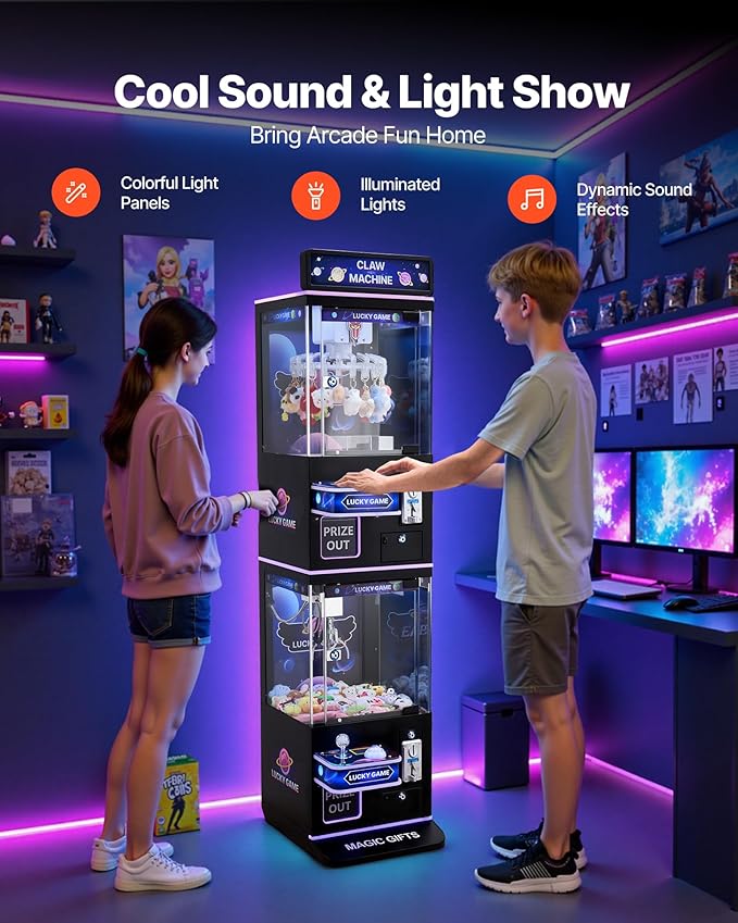 VEVOR Claw Crane Machine, Medium-Sized Arcade Game Machine with Claw + Grabber Double-Layer, Light & Sound, Toy Candy Grabber Prize Dispenser Vending Toy, for Commercial Home Cinema, Black Purple
