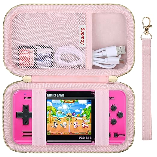Supmay Carrying Case Compatible with WELLST·G Handheld Game for Kids -Preloaded 220 Retro Video Games, Portable Gaming Player Storage Holder Travel Bag with Mesh Pocket for USB Cable, Pink