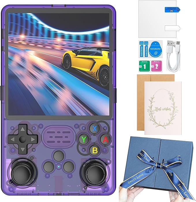 HatiLuminis R36plus Handheld Retro Game Console 4.0-inch IPS Screen,Preloaded with Classic Games,Portable Pocket Video Gaming with Valentine's Card & Premium Gift Box (Purple)