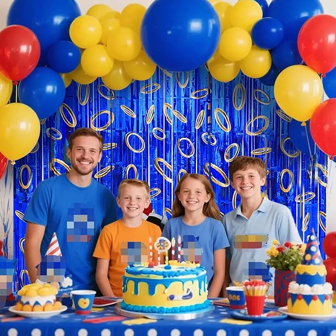 Cartoon Hedgehog Birthday Party Decoration, 1 Pack Hedgehog Party Backdrop Photo Booth Prop, Blue with Gold Ring Print Fringe Curtains Tinsel Photo Streamers for Hedgehog Theme Party Decor Supplies