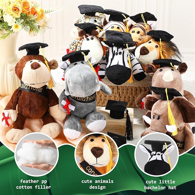 HyDren 10 Pieces 9 Inches Graduation Safari Stuffed Animals Set Plush Safari Stuffed Animal Elephant Giraffe Lion Tiger Monkey Rhinoceros Zebra Leopard Hippo for Graduation Party Favors Gifts