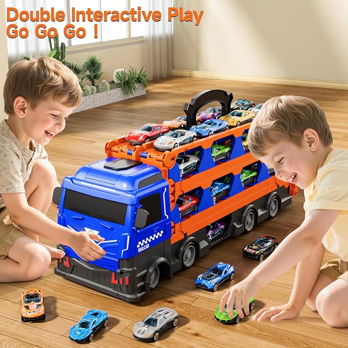 kids Catapult Railcar Toys : Toy Truck for 3 4 5 6 Years Old Kids Boys | 78-Inch Race Track Transport Vehicle & 12 Die-Cast Metal Toy Cars | Toddler Truck Car Toys Set Gifts for Age 3-12 Years Old Kid