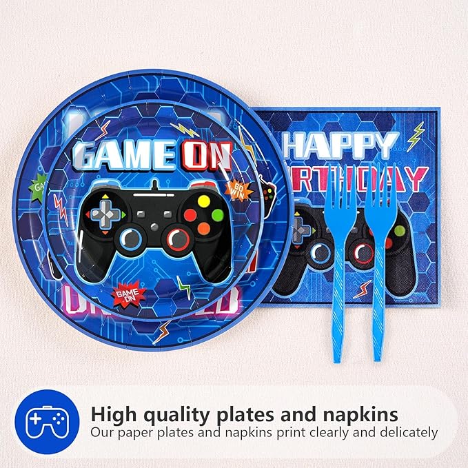 Grencian 96 Pcs 12th Video Game Birthday Party Decorations Blue Video Game Level 12 Birthday Plates and Napkins Tableware Sets for Boys 12 Years Old Gamer Gaming Party Supplies Favors Serves 24